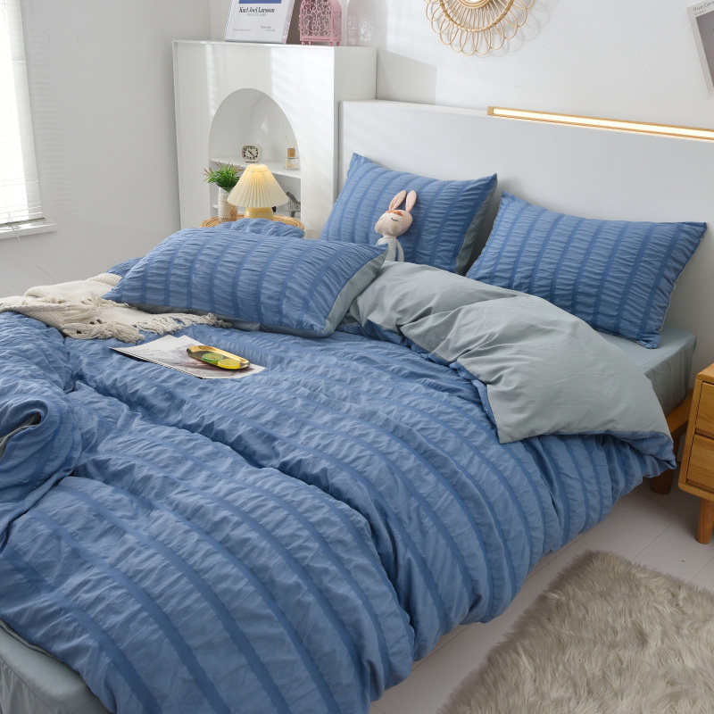 泡泡纱四件套床上用品夏季水洗棉纯色床单被套床笠单双人被罩ins