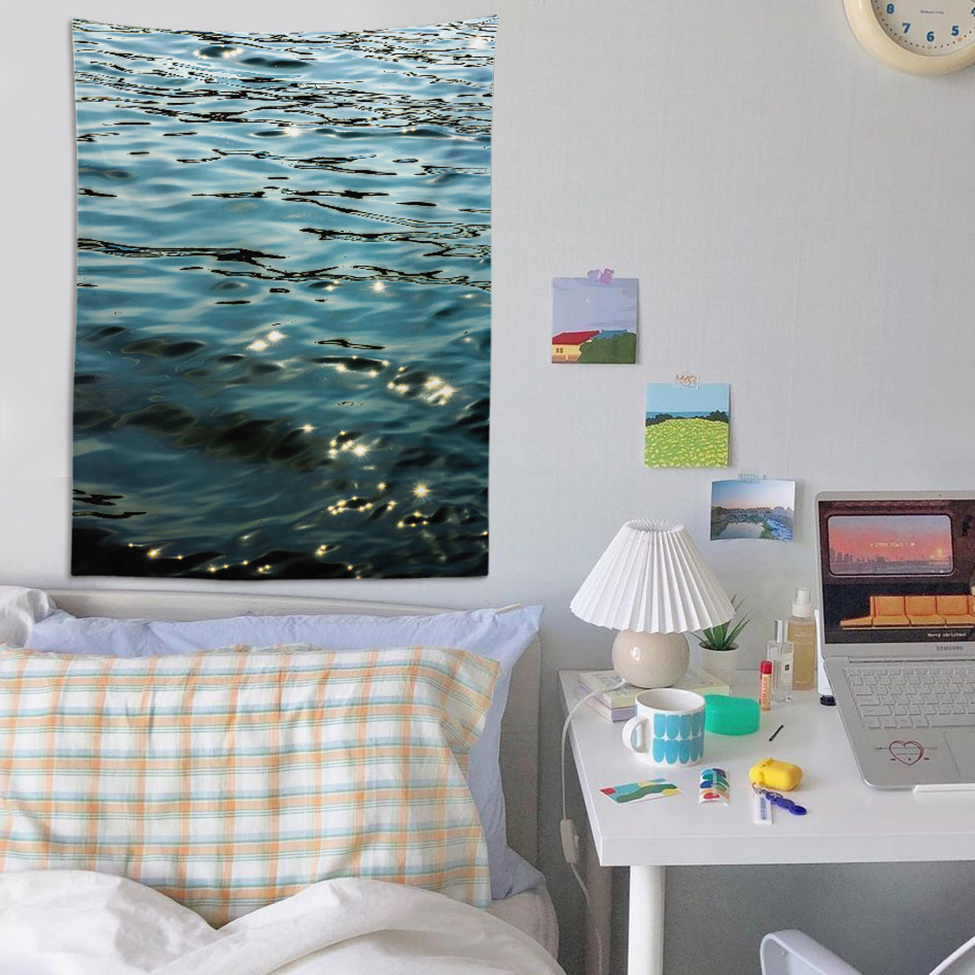 波光粼粼竖版海浪ins风挂布 网红卧室房间床头墙上装饰墙布背景布