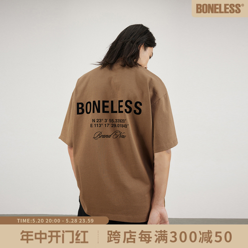 BONELESS基础后背坐标印花短袖T恤男美式高街潮牌圆领上衣