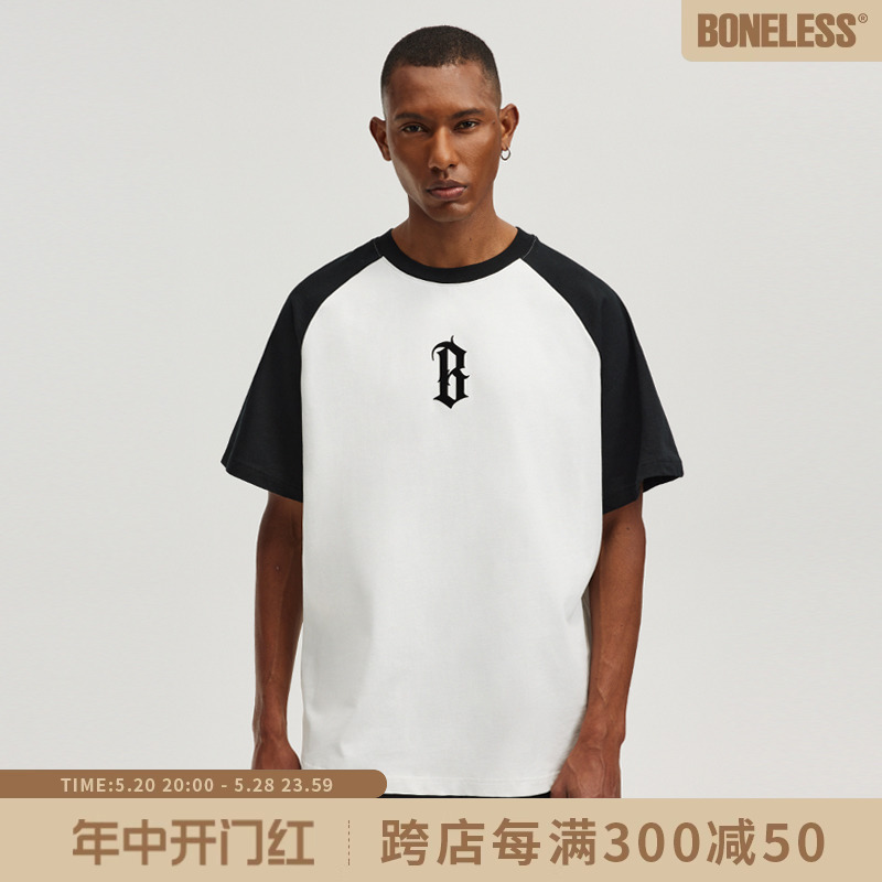 BONELESS撞色插肩拼色基础logo印花圆领短袖美式潮牌高街上衣