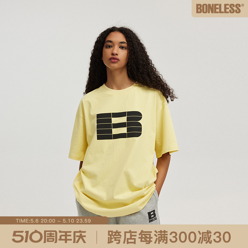 BONELESS发泡擦绒基础logo印花短袖T恤美式高街纯棉夏季tee半袖