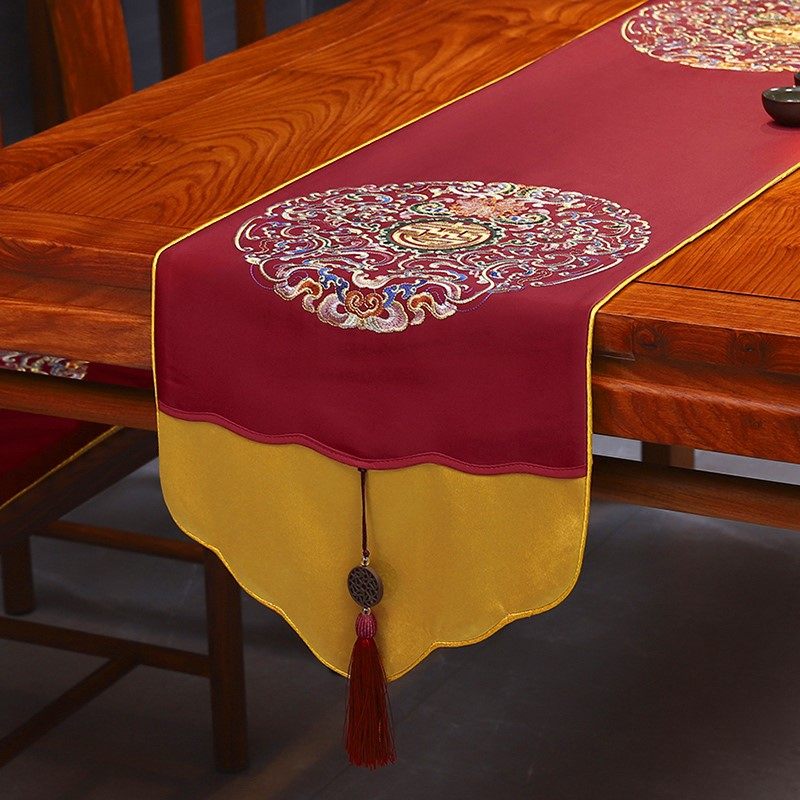 新中式禅意桌旗新古典红木客厅桌布绣花餐桌电视柜茶几布艺床旗