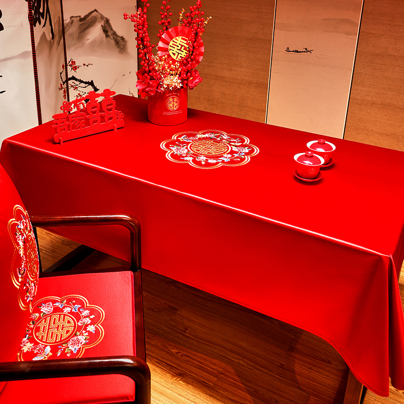 桌布结婚茶几红色婚庆喜事长方形餐桌布新中式婚礼喜字圆桌红台布