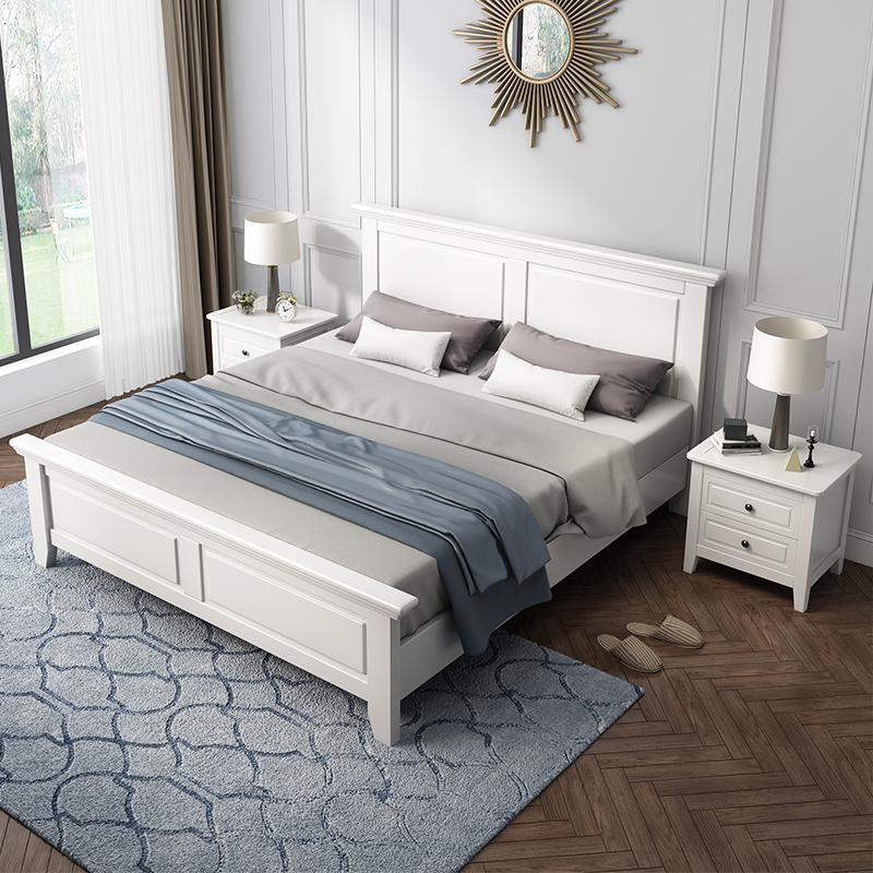 实木床现代简约美式白色田园主卧室框架结构储物2米双人高端婚床