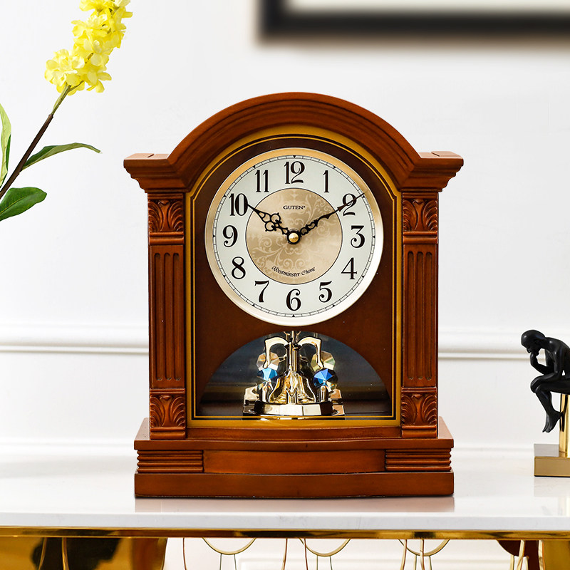 新中式实木座钟美式音乐整点报时钟表黄杨实木座钟家用客厅装饰钟