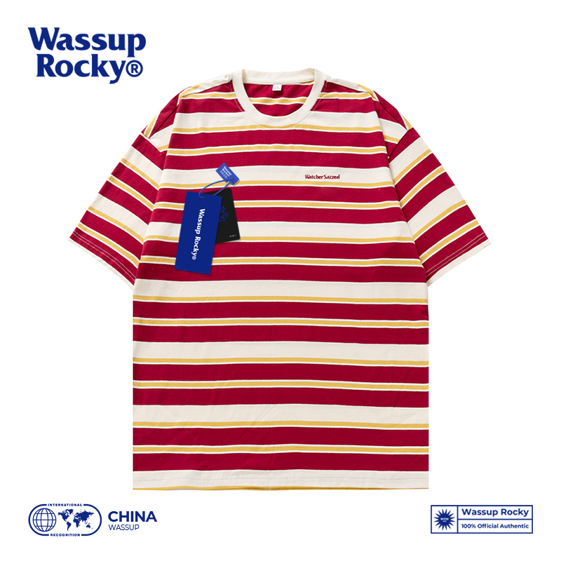 WASSUP ROCKY条纹刺绣圆领短袖T恤男夏季青少年潮牌宽松半袖上衣