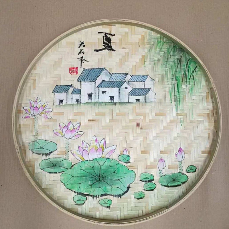 归才竹编装饰绘画圆竹簸箕无孔竹筛子成品画匾茶室农家乐竹吊顶竹