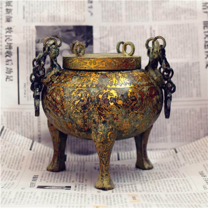 深圳仿古青铜器错金链子鼎战汉纯铜三足熏炉中式复古工艺品铜摆件