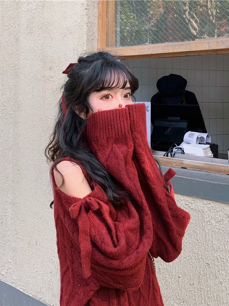 红色毛衣女套头宽松过年