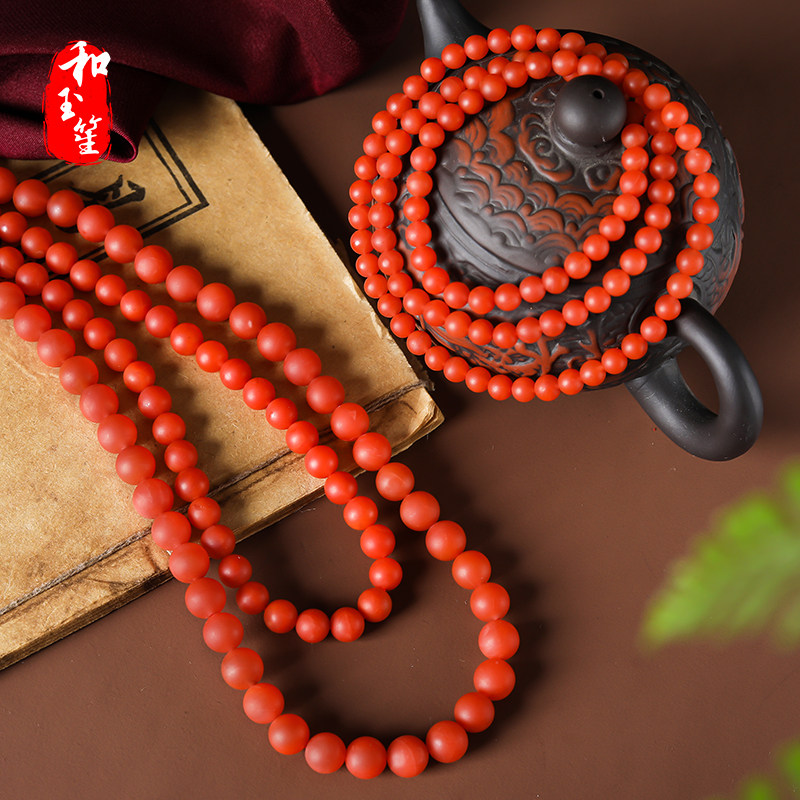 满色满肉云南保山南红玛瑙108颗佛珠手串男包浆柿子红多圈手链女-mc母