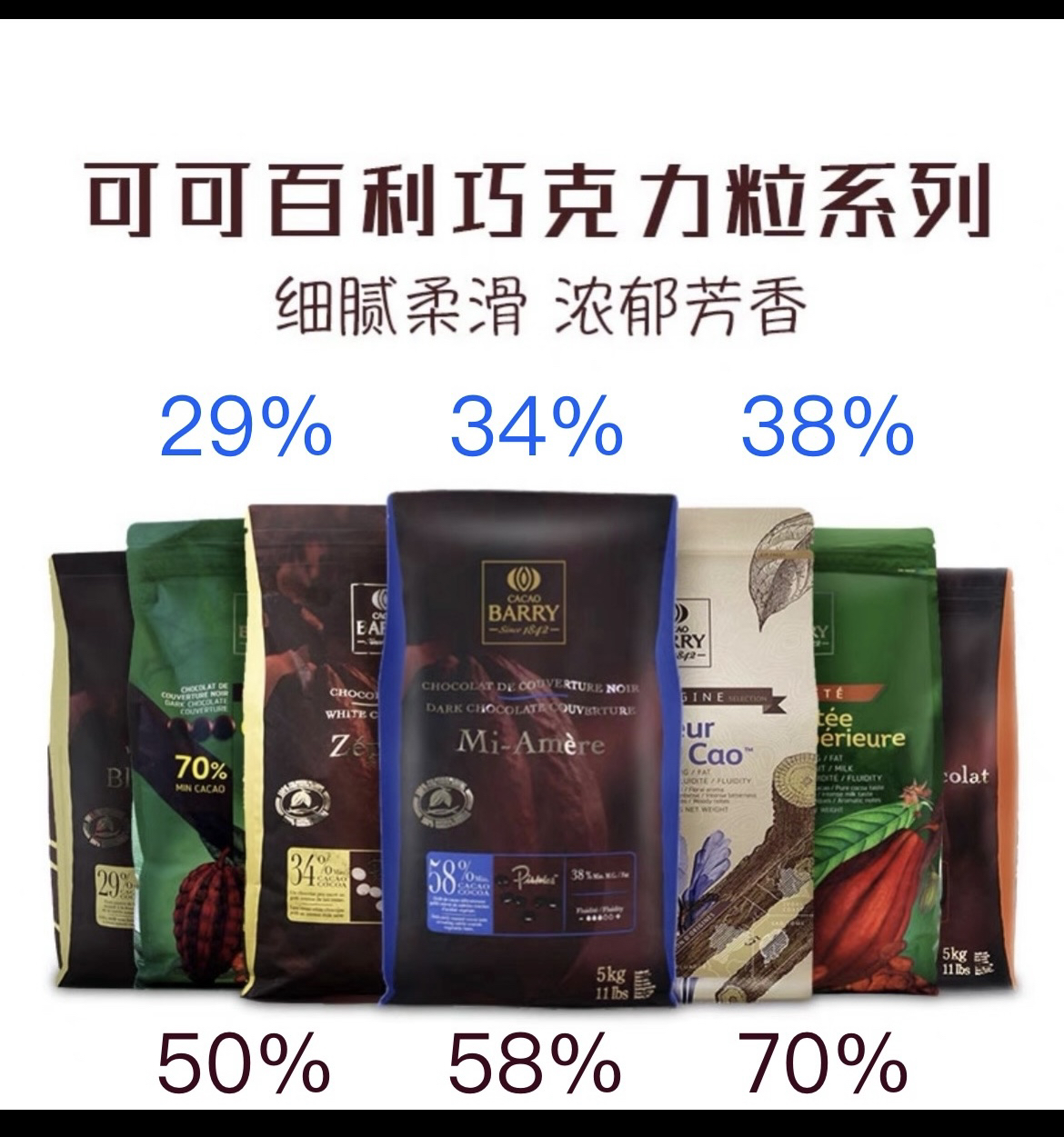 法国进口可可百利巧克力5kg/袋纯可可脂 黄油薄脆片 入炉巧克力等