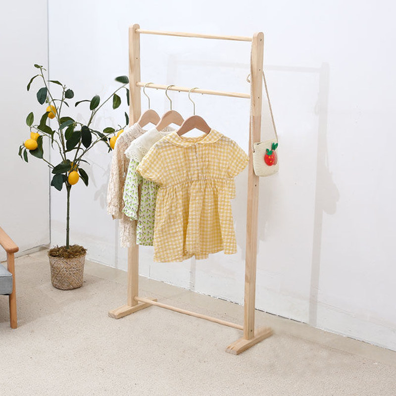 儿童实木衣架落地式单杆挂衣服架子卧室简易晾衣架幼儿园挂衣架子
