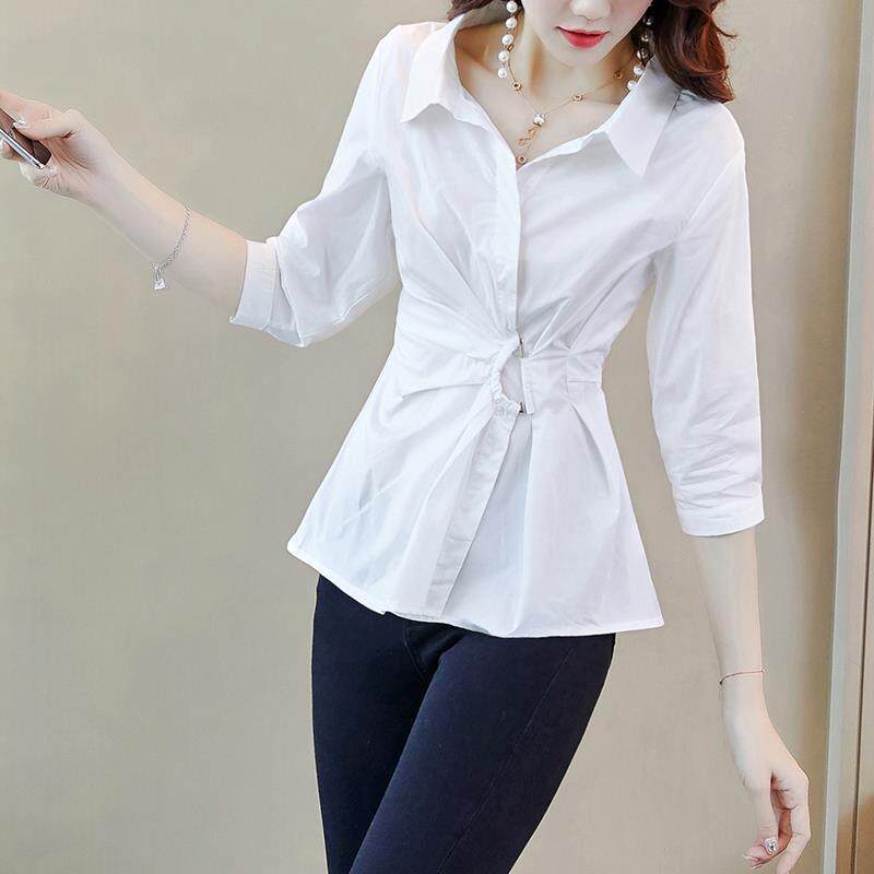 白色衬衫女夏季2020新款裙摆小衫收腰洋气衬衣初秋设计感小众上衣