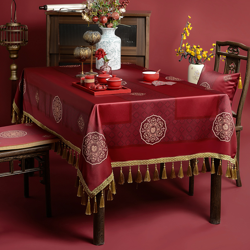 中式结婚桌布防水红色订婚喜字台布轻奢高级感茶几布长方形餐桌布