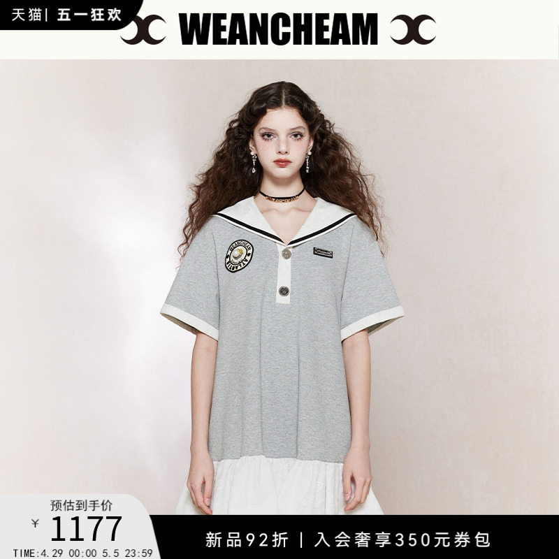 WEancheAM/未未姆  24SS春夏新品POLO连衣裙女中长T恤海军领上衣