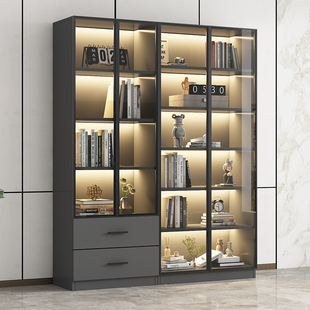 定制防尘书柜组合带玻璃门现代轻奢书架展示柜子家用客厅一体整墙