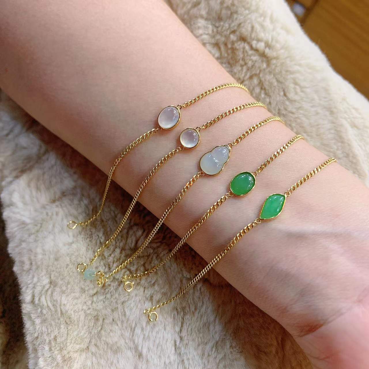 热销18k金翡翠手链_18k黄金翡翠古巴镶嵌手链中国风源头厂家葫芦圆满