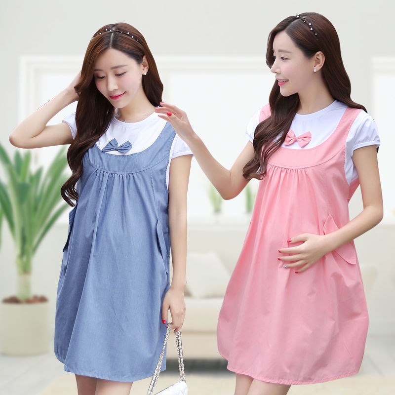 孕妇装2020夏装连衣裙假两件韩版宽松短袖中长款圆领孕妇裙子