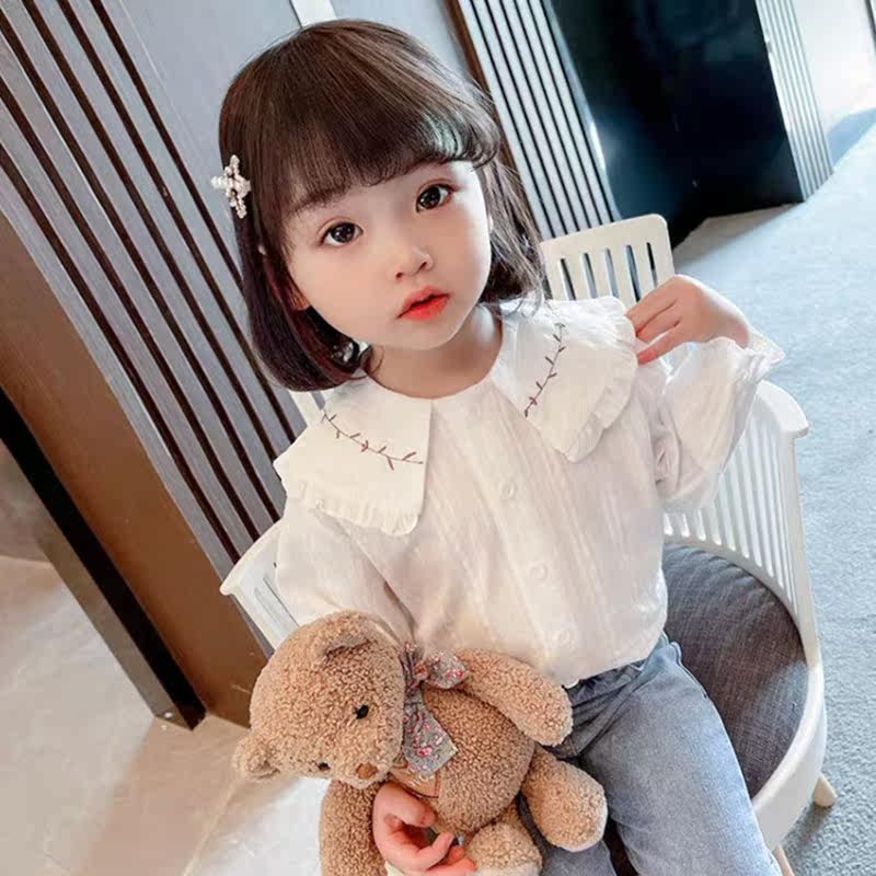 女童娃娃领衬衫春秋长袖2022新款女宝宝网红洋气小童儿童春装衬衣