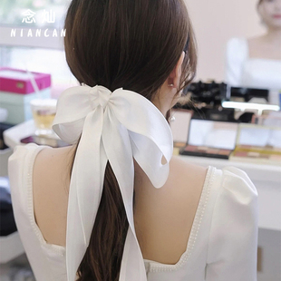 韩式新娘简约白色蝴蝶结头饰结婚领证缎面发带女婚纱礼服跟妆发饰