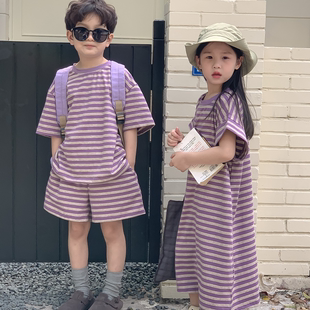 2024夏季新款韩版童装多巴胺穿搭男女童套装紫色条纹两件套兄妹装