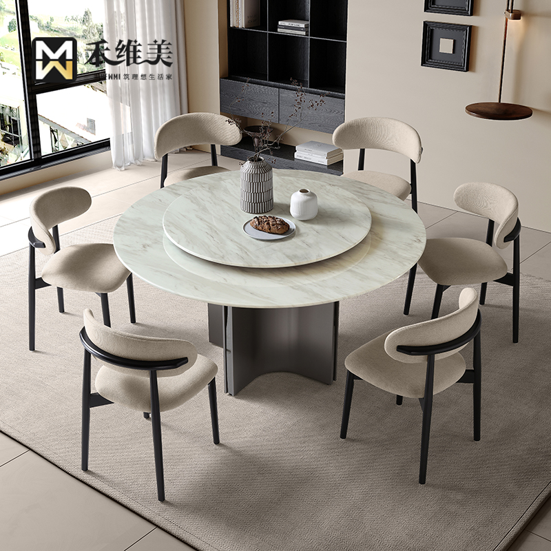 轻奢意式简约不锈钢大理石圆桌家用餐厅大户型北欧圆形带转盘圆桌