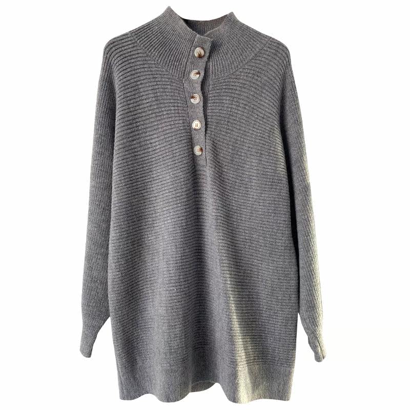 通勤款~纽扣半开襟高领宽松慵懒毛衣女针织衫