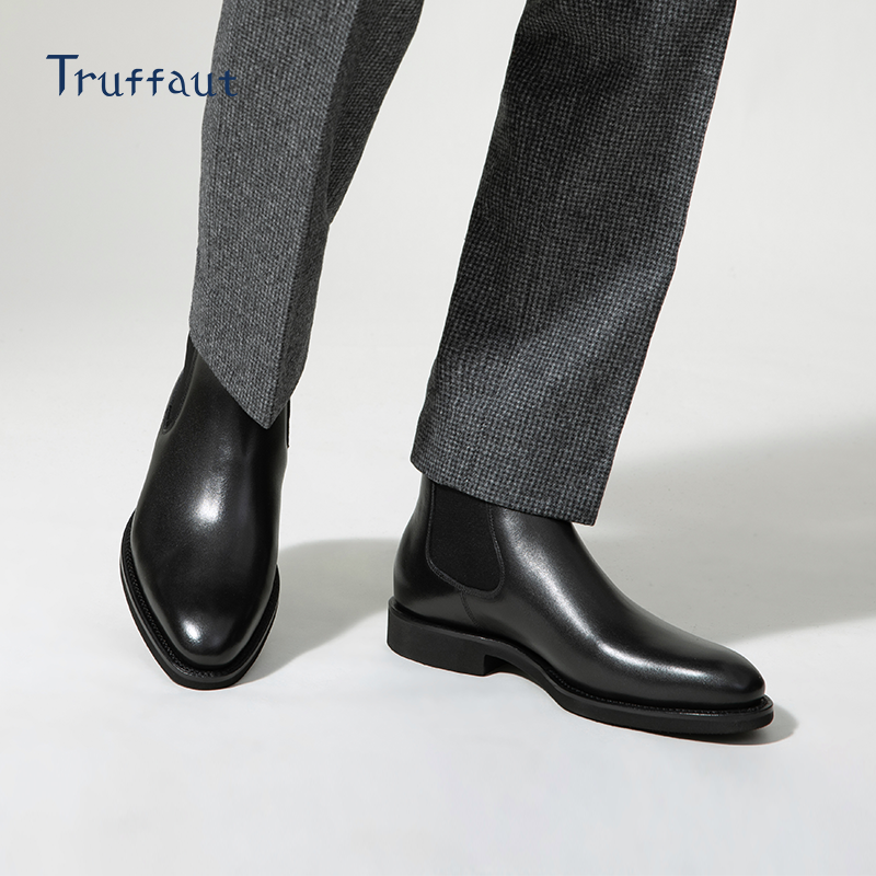 truffaut超轻软底固特异靴子切尔西靴男秋冬黑色商务真皮加绒短靴