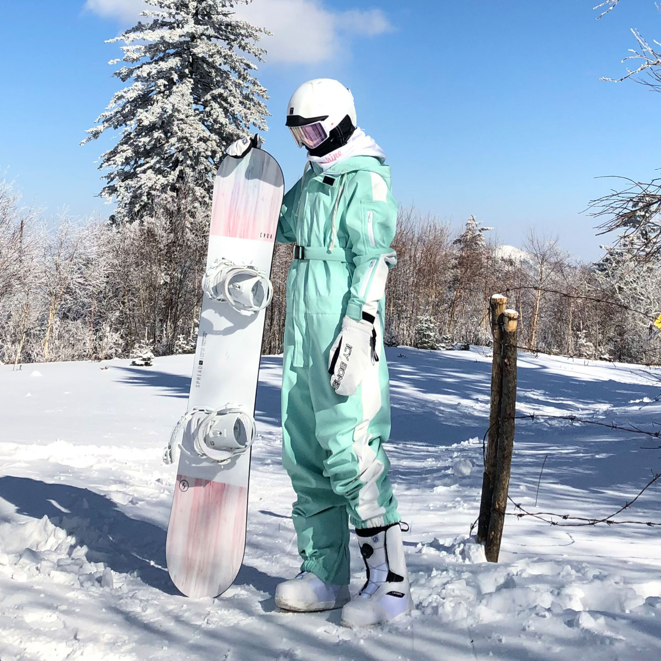 薄荷绿连体滑雪服男女单板室内户外加绒防水滑雪套装northwhite