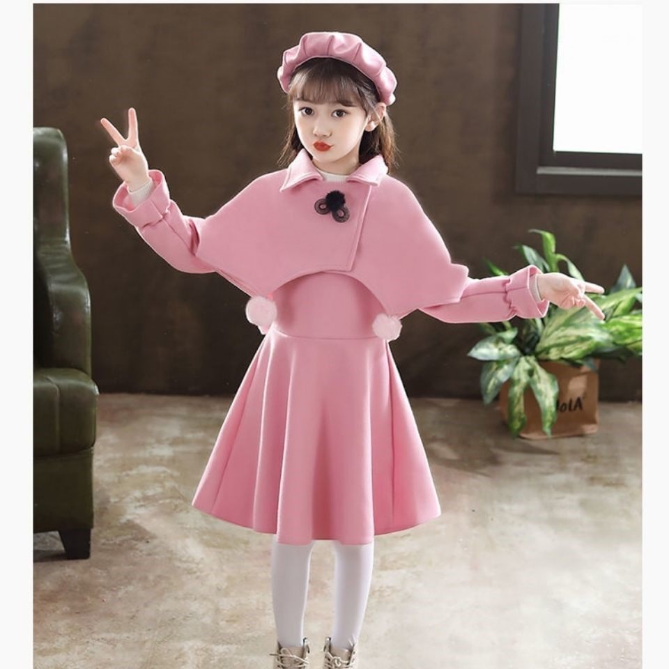 巴拉巴拉女童套装秋冬毛呢中大儿童宝宝外套时尚洋气公主裙三件套