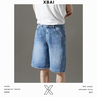 XBAI-昕白 浅蓝色牛仔短裤男夏季新款直筒五分裤水洗宽松休闲裤子