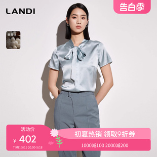 LANDI[桑蚕丝]LANDI系带领短袖套头衬衫女夏季新款真丝小衫