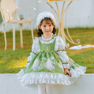 女童秋装洛丽塔连衣裙萝莉塔洋装儿童长袖公主裙女孩春秋绿色裙子