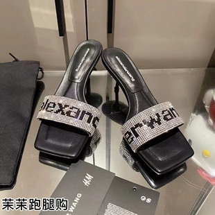 Alexander Wang AW亚历山大王 经典字母闪钻方头高跟拖鞋女凉鞋5