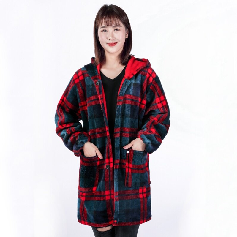 加绒罩衣女法兰绒加厚加棉做饭服夹棉外穿围兜洗碗护衣连帽时尚