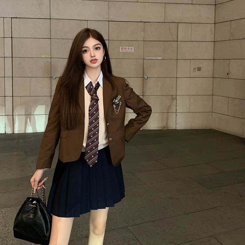 jk制服全套装秋冬新款日系甜辣妹学院风西装衬衫马甲百褶裙两件套
