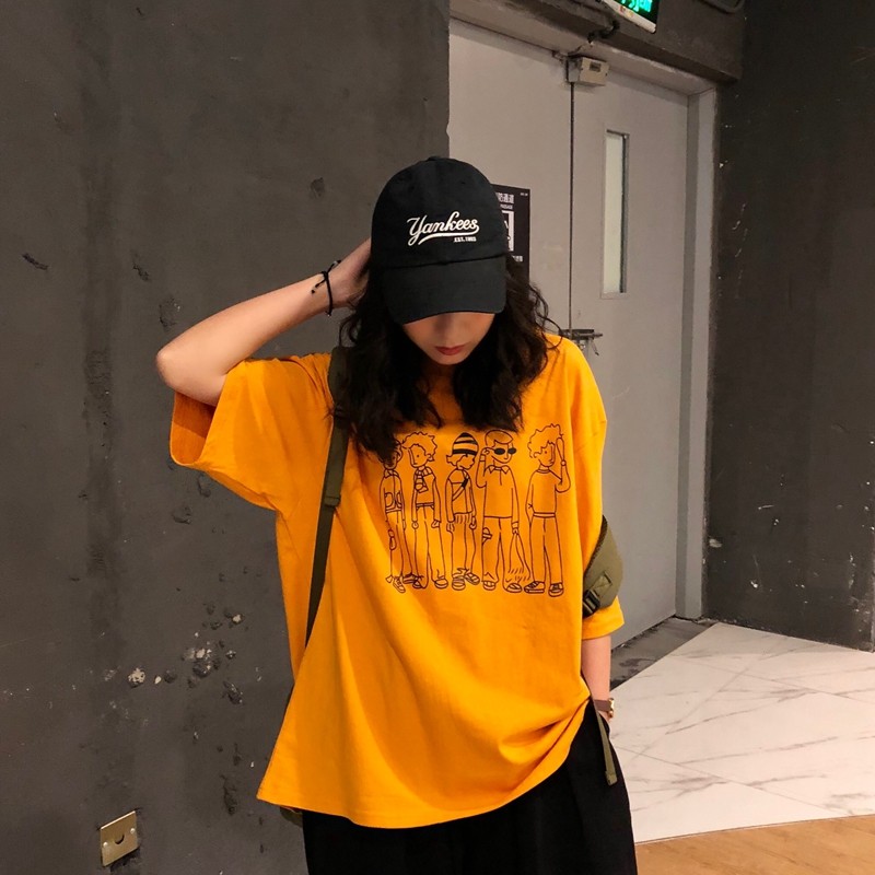 牛仔阔腿裤 工装裤 老爹裤搭配的上衣橘色t恤女短袖ins潮2020桔色