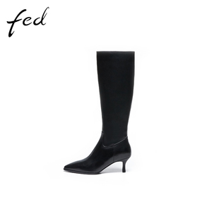 fed长筒靴女冬季新款加绒法式尖头黑色瘦瘦靴女士高跟长靴808-368