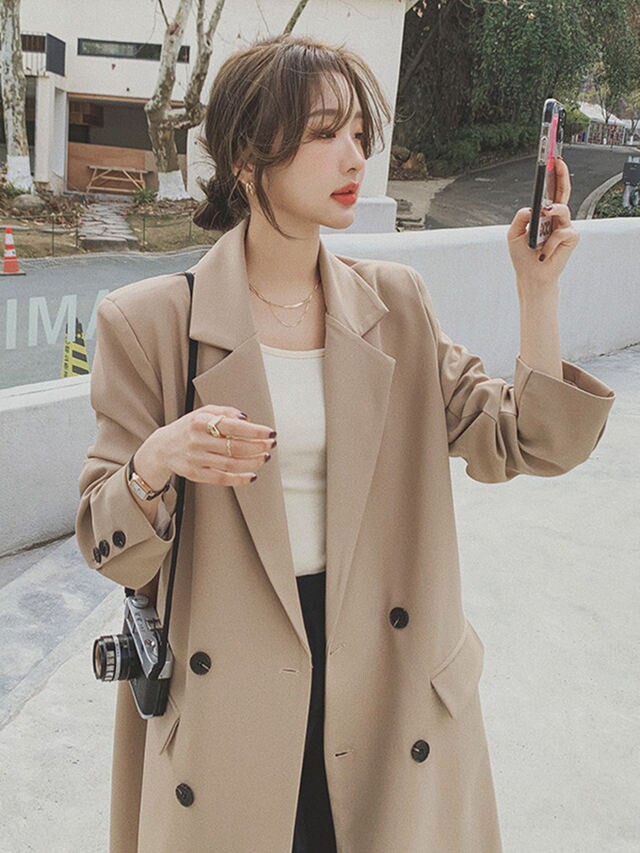 ofenis卡其色风衣外套女中长款2022新款韩版西装领过膝春秋上衣女