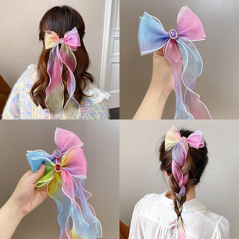 儿童马尾辫编发网纱发夹发带女绑发蝴蝶结公主长飘带女童发饰头饰