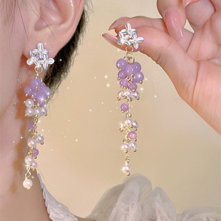 S925银针长款流苏紫色水晶葡萄耳环女轻奢小众高级感珍珠耳钉耳饰