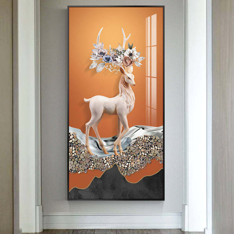 金石福鹿玄关装饰画竖版走廊过道墙画入户背景墙轻奢挂画客厅壁画