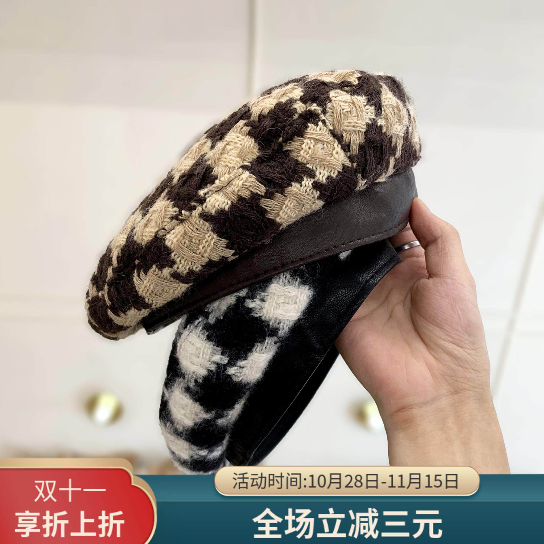 毛线平顶画家帽女秋冬日系潮时尚皮边针织贝雷帽拼色格纹复古帽子