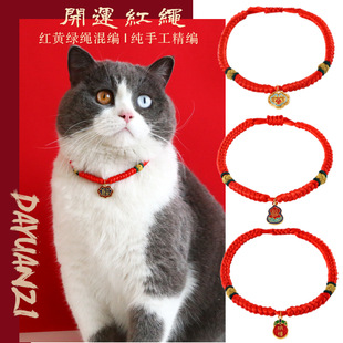 宠物猫咪泰迪狗新年春节编织红绳项圈招财长命百岁锁调节项链中式