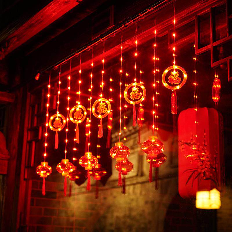 2023新年灯串大红灯笼窗帘灯春节彩灯过年阳台布置氛围灯串现货