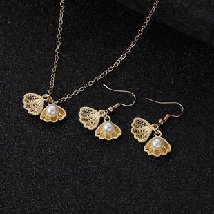 轻奢铜镶锆石金色贝壳珍珠耳环项链套装女士圆形简约时尚派对珠宝