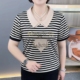 2025夏季新款娃娃领妈妈装短袖T恤衫条纹烫钻宽松遮肚大码上衣女