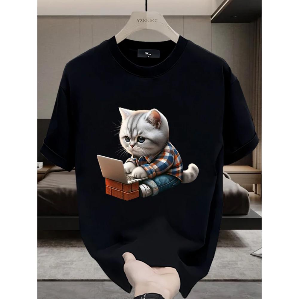 夏季男士新款潮牌圆领修身痞帅短袖重磅卡通小猫印花T恤上衣潮流