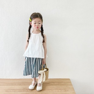 女童白色背心条纹裙套装夏季新款2023韩版洋气女孩棉质小清新长裙