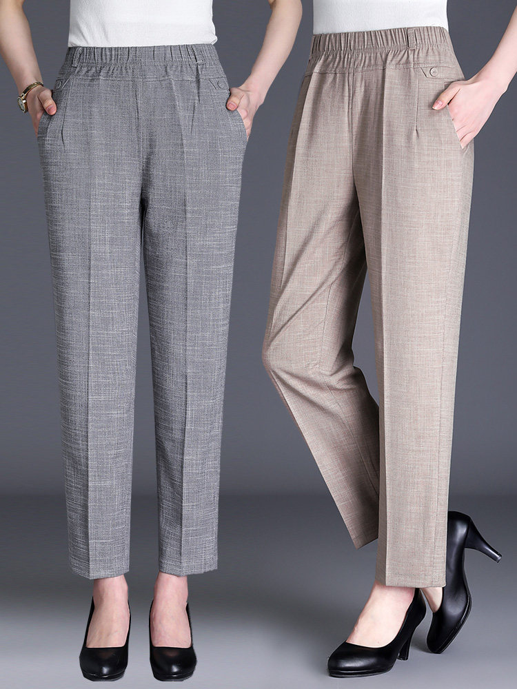 新品妈妈裤子夏季薄款九分裤棉麻宽松直筒中老年人女裤松紧旗舰店